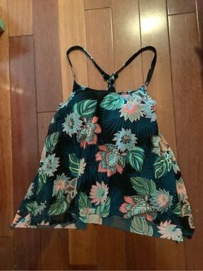 Coco Reef Black Floral Swim Tankini Top with Green and Pink Print size 32D NWT